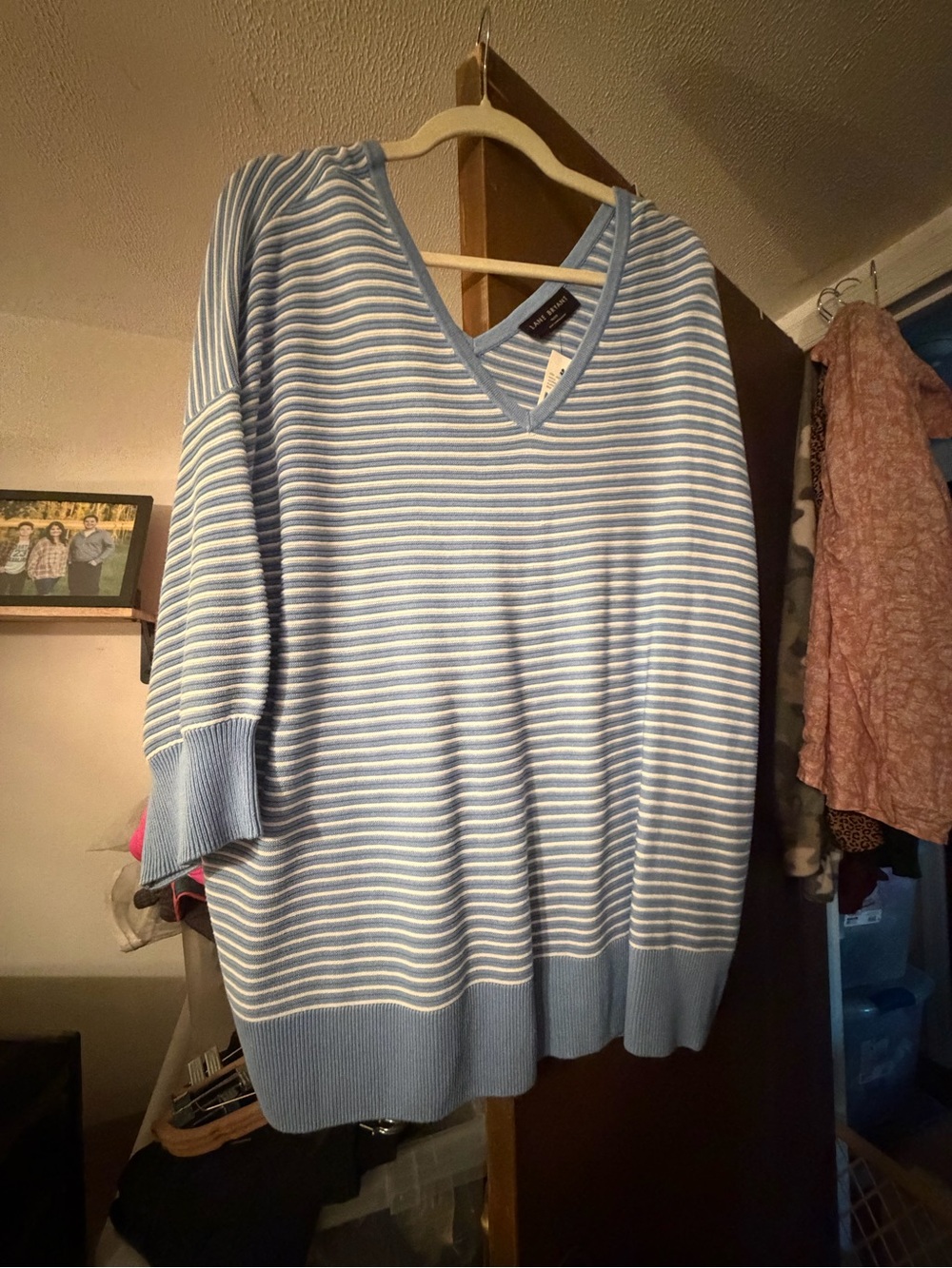 Lane Bryant Light Blue & White Striped V-Neck Sweater